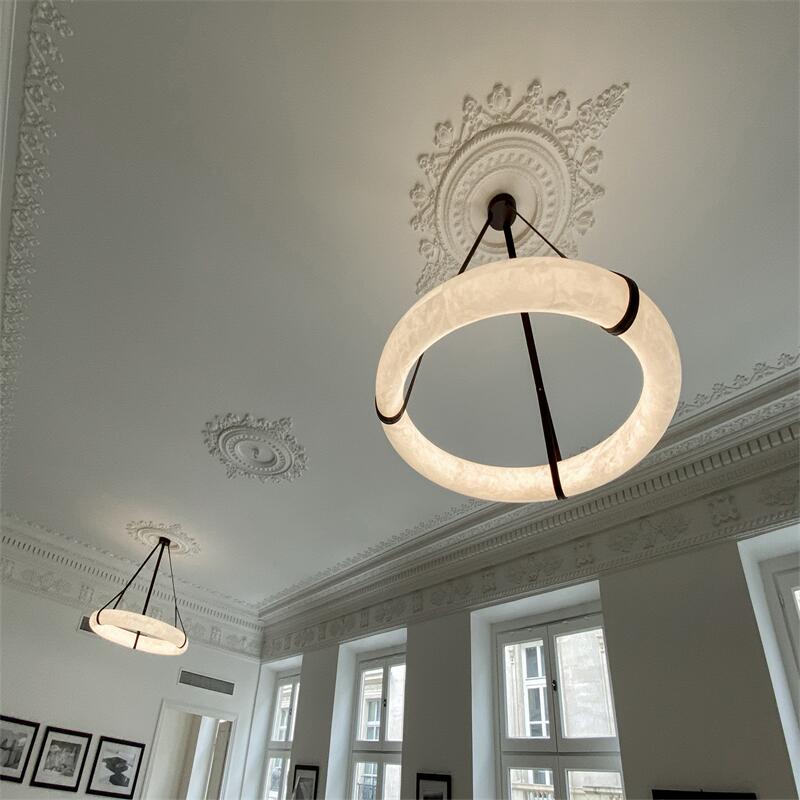 Oslo L1P Pendant Alabaster Chandelier, Halo Ring Chandelier With canopy Over Dining Table