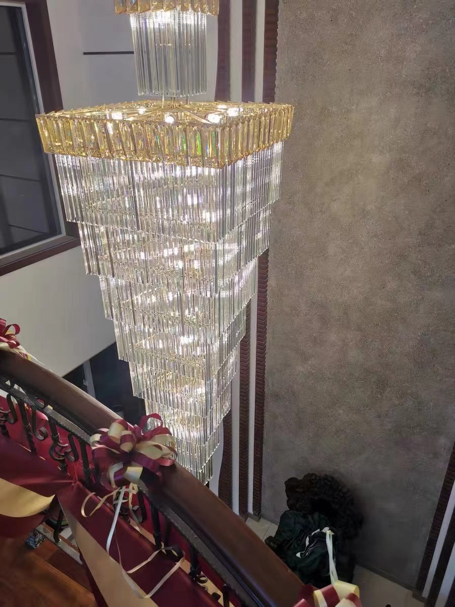 Decorative Extra Length Vertical Luxury Fancy Crystal Staircase Chandelier Foyer High Ceiling Light Fixture Lamp In Gray/ Amber Brim For Lobby Hotel Hallway Entrance Customer Review