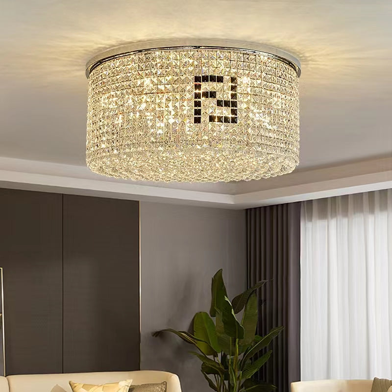 chandeleir,chandeleirs,crystal,flush mount,ceiling,round,living room,dining room,bedroom,study,foyer,hallway