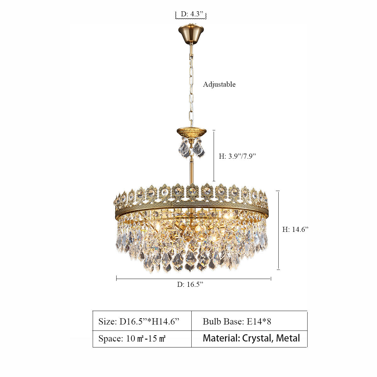 D16.5"*H14.6" chandelier,chandeliers,pendant,crystal,metal,raindrop crystal,crown,lights,ceiling,flush mount,luxury,light luxury,round,gold