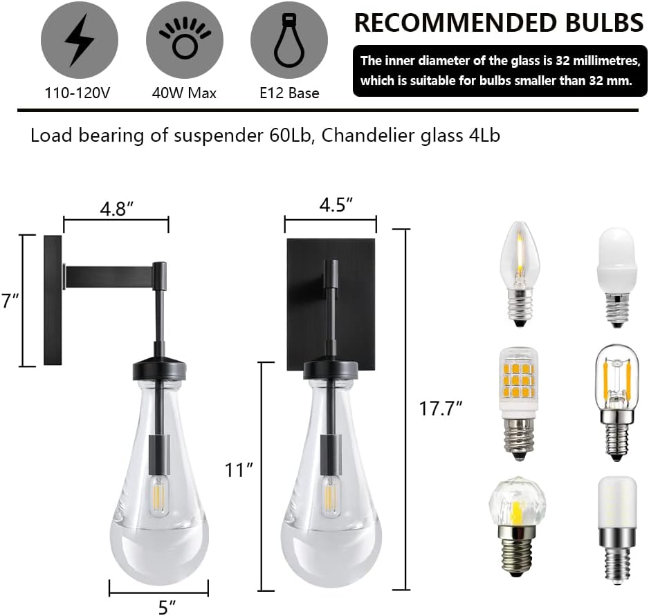 Modern Raindrop Wall Sconces Lighting Rod Type Set of 2, Matte Black Indoor Vanity Light Fixtures for Bathroom,Wall Lamp with Clear Solid Glass Raindrop for Bedroom(Including Bulb)