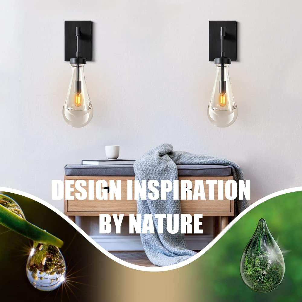 Modern Raindrop Wall Sconces Lighting Rod Type Set of 2, Matte Black Indoor Vanity Light Fixtures for Bathroom,Wall Lamp with Clear Solid Glass Raindrop for Bedroom(Including Bulb)