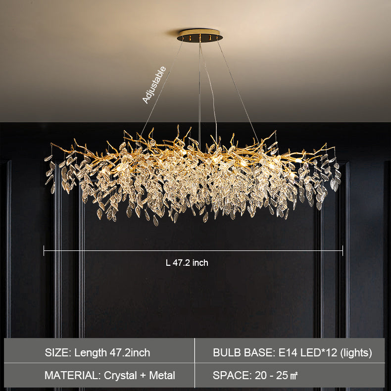 Modern Crystal Chandelier L63" Gold Chandeliers Linear Rectangular Tree Branch Chandelier Living Dining Room Foyer Large Raindrop Chandelier Ceiling Light Fixture