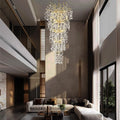 63'' Long Crystal Chandelier for High Ceiling, 28-Light Modern Gold Tree Branch Chandelier, Large Chandeliers for Foyer Entryway Staircase Living Room, 5-Tier Luxury K9 Crystal Raindrop Light Fixture