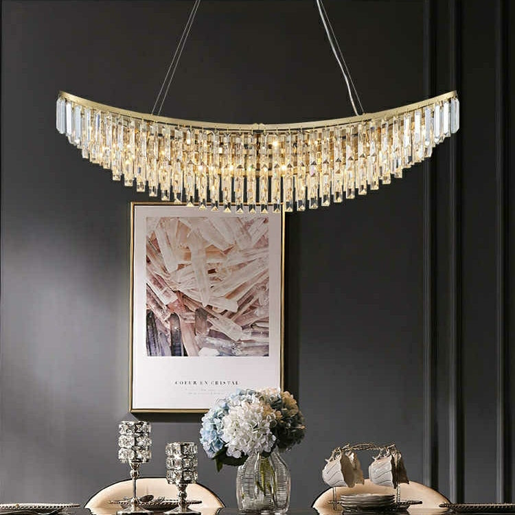 Boat Shaped LED Crystal Chandelier Oval Ceiling Light Fixture For Living/ Dining Room Table In Brass Finish