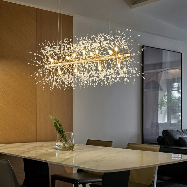 Dandelion Crystal Chandelier Light Firefly/ Glowworm Hanging Lamp Pendant For Rectangle Dining Room Table