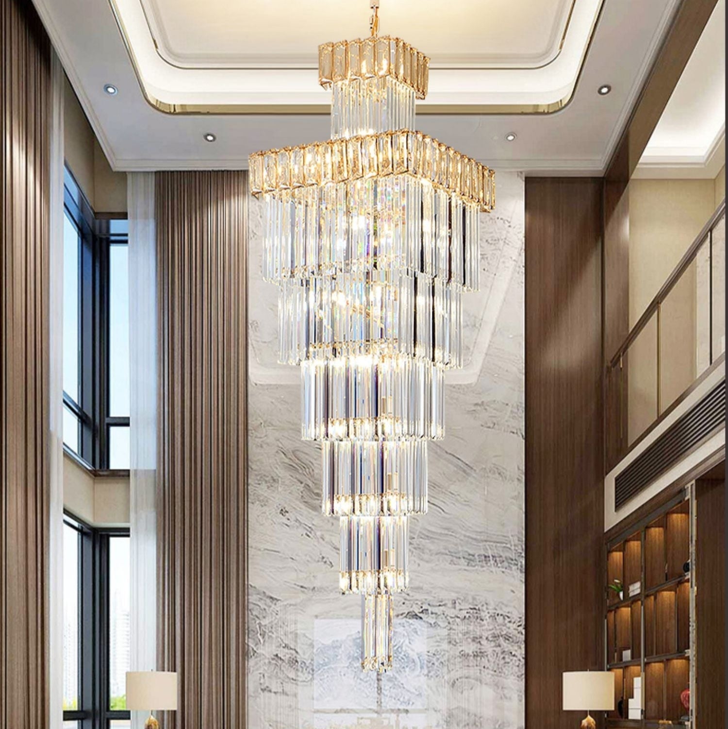 Decorative Extra Large L39.4"*W39.4"*H157.5" Vertical Luxurious Crystal Staircase Chandelier Foyer Ceiling Light Fixture Lamp In Gray/ Amber Brim For Lobby Hotel Hallway Entrance