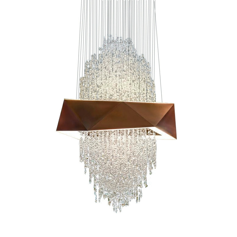 Duplex Living Room Crystal Pendant Chandelier Luxury Hotel Entryway Ceiling Light Fixture In Gold Finish