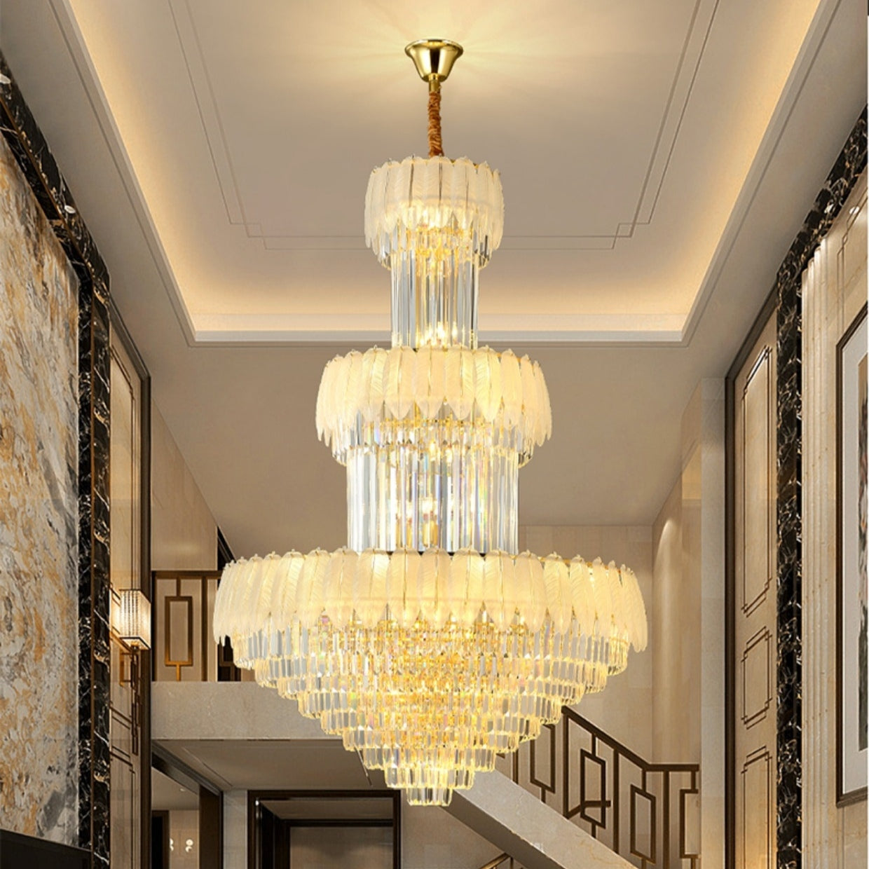 Huge Crystal Feather Style Chandelier For Dreamy Wedding Hotel Foyer Staircase High Ceiling Loft Light Fixture