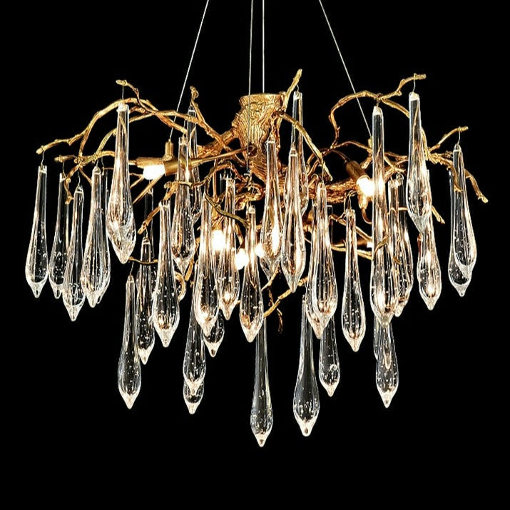 Branch Crystal Drops Chandelier in French Style with Copper Gold Finish for Dining and Living Room Ceiling