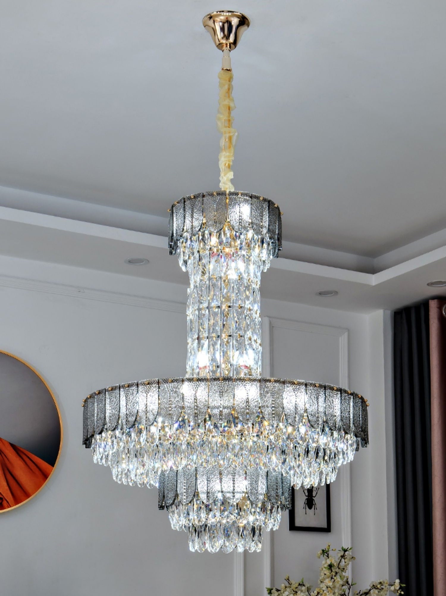 Luxury Restaurant/ Hotel Chandelier Foyer Duplex High Ceiling Light Fixture For Staircase And Living Room In Gray/ Amber/ Blue Trimmed