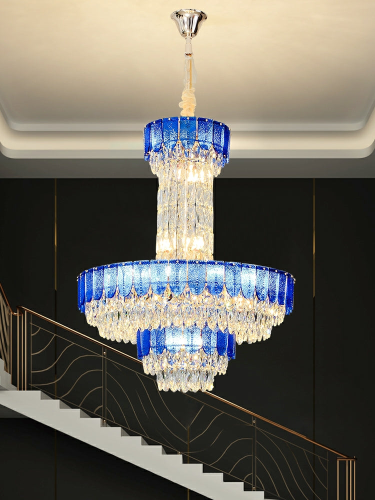 Luxury Restaurant/ Hotel Chandelier Foyer Duplex High Ceiling Light Fixture For Staircase And Living Room In Gray/ Amber/ Blue Trimmed