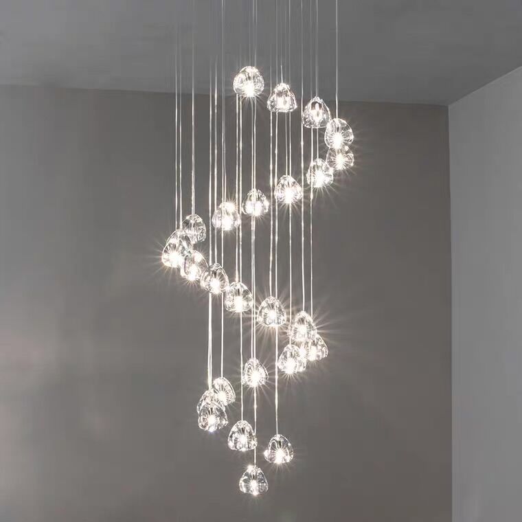 Cascade Spiral Cherry Crystal Air bubbles Pendant Chandelier for Staircase, high-ceiling light fixtures, luxury