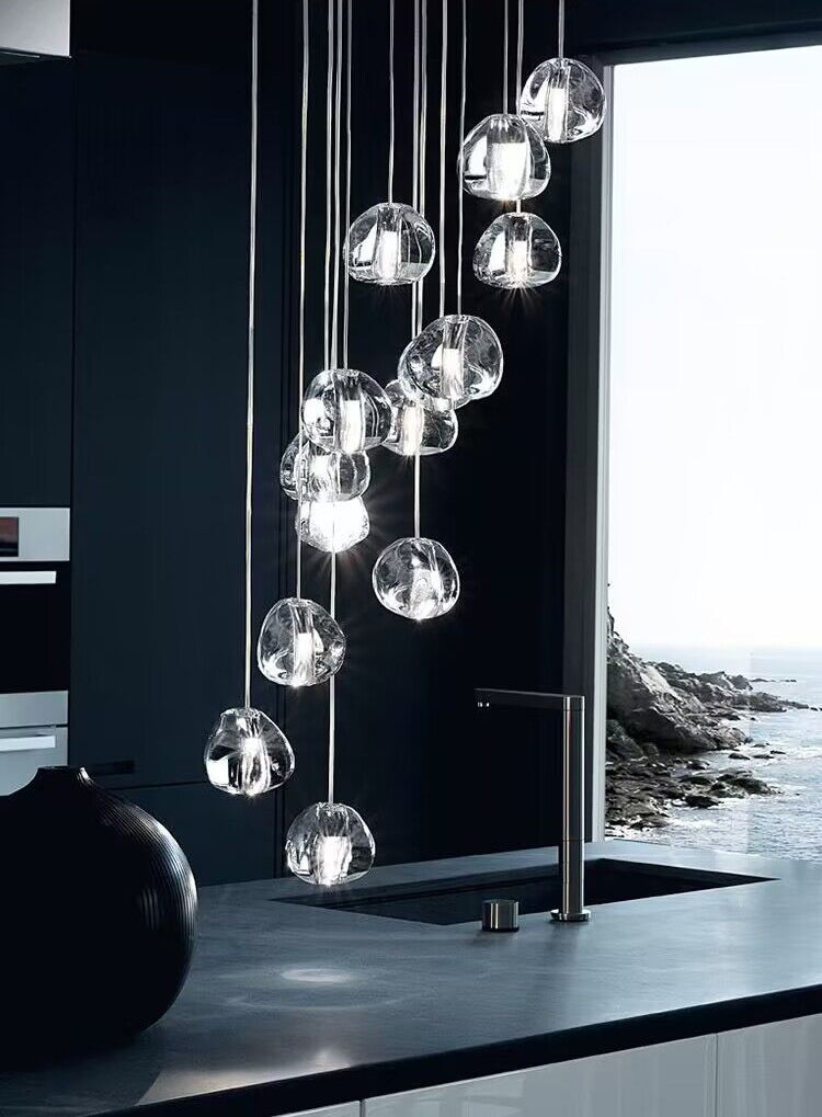 Cascade Spiral Cherry Crystal Air bubbles Pendant Chandelier for Staircase, high-ceiling light fixtures, luxury