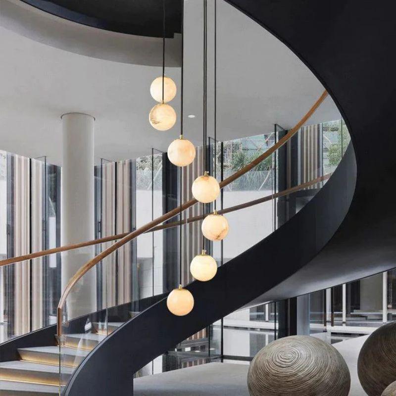 Alabaster Global Pendant Chandelier For Staircase, Spiral Global Pendant