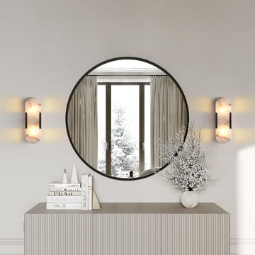 Black Alabaster Wall Sconces Set: Natural Marble Bedside Lighting Fixtures