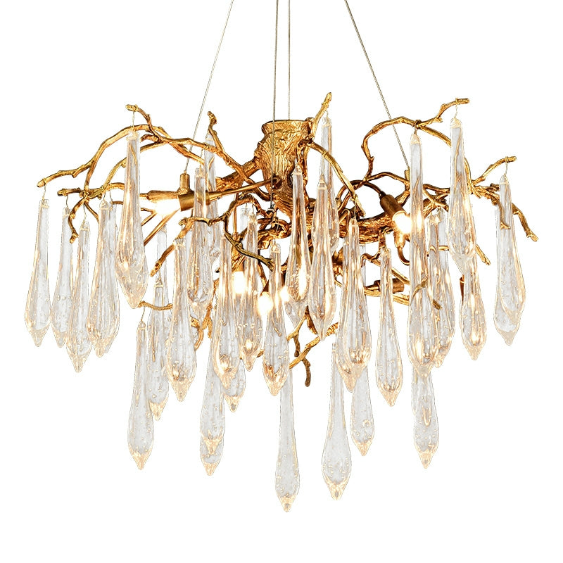 Branch Crystal Drops Chandelier in French Style with Copper Gold Finish for Dining and Living Room Ceiling