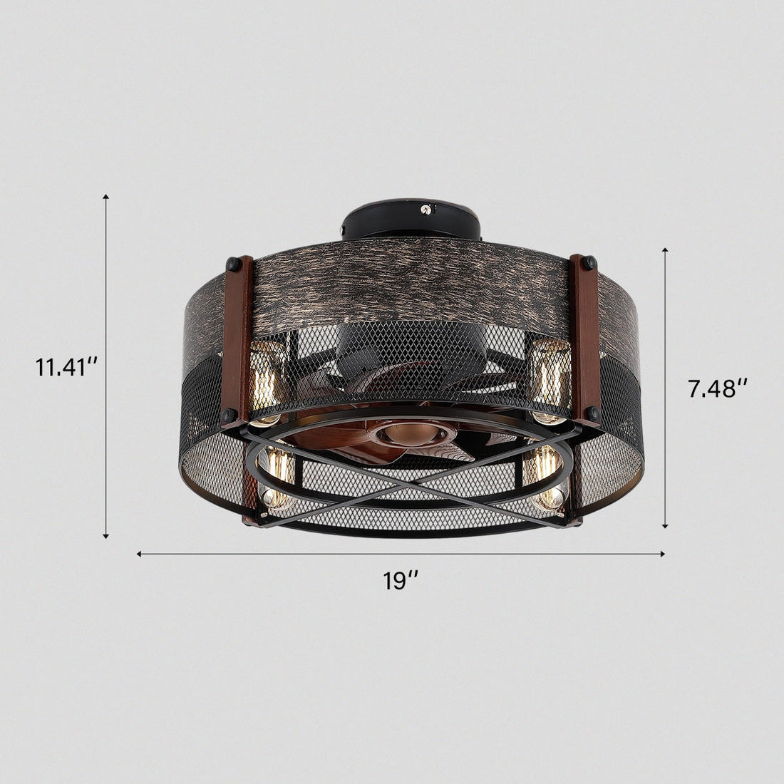 Caged Ceiling Fan with Light and Remote Black Bladeless Reversible Low Profile 19"