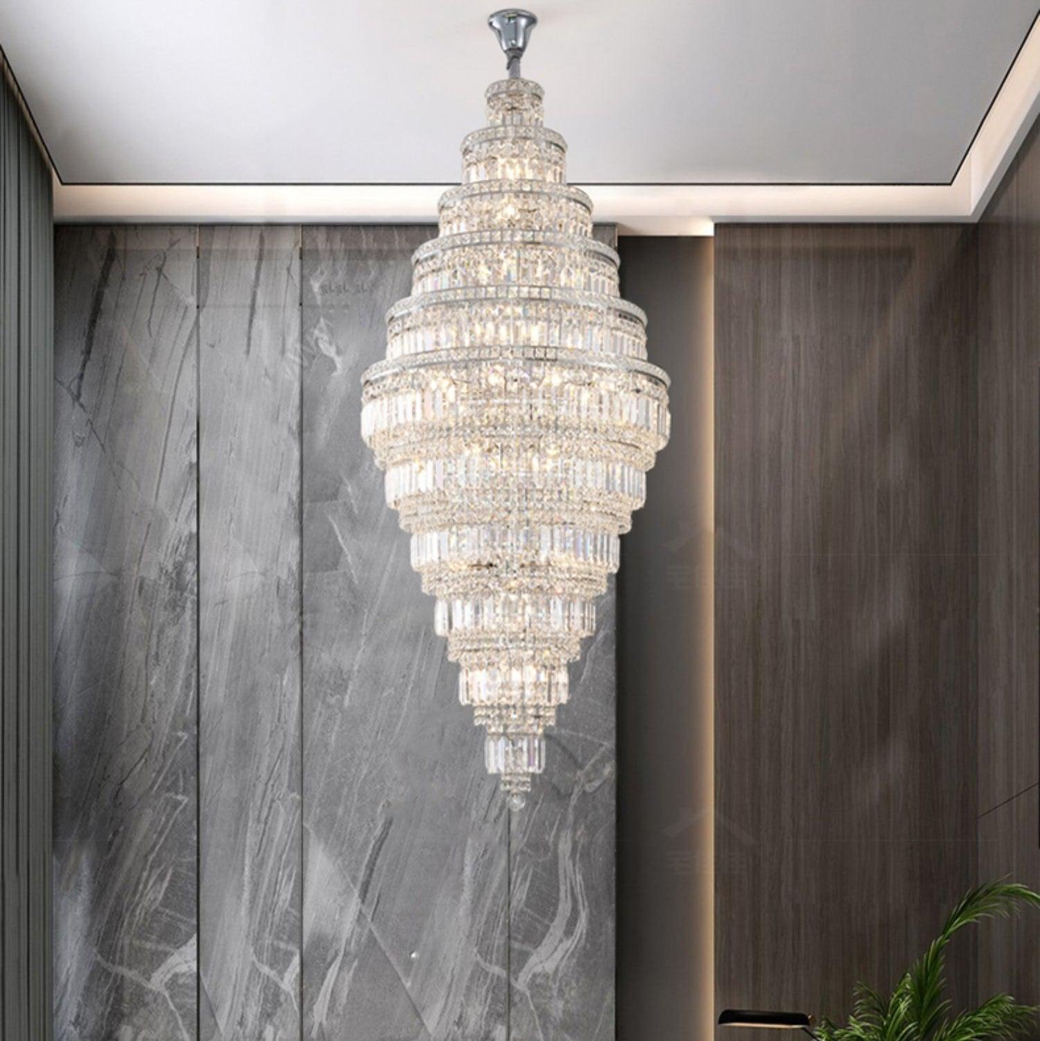 Chrome Extra Large Crystal Chandelier for Foyer Staircase Living Room Entrance Ceiling Light Fixture In Silver