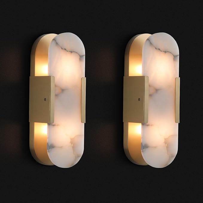 Elegant Alabaster Wall Sconces (Set of Two) - Natural Marble Brass Lighting