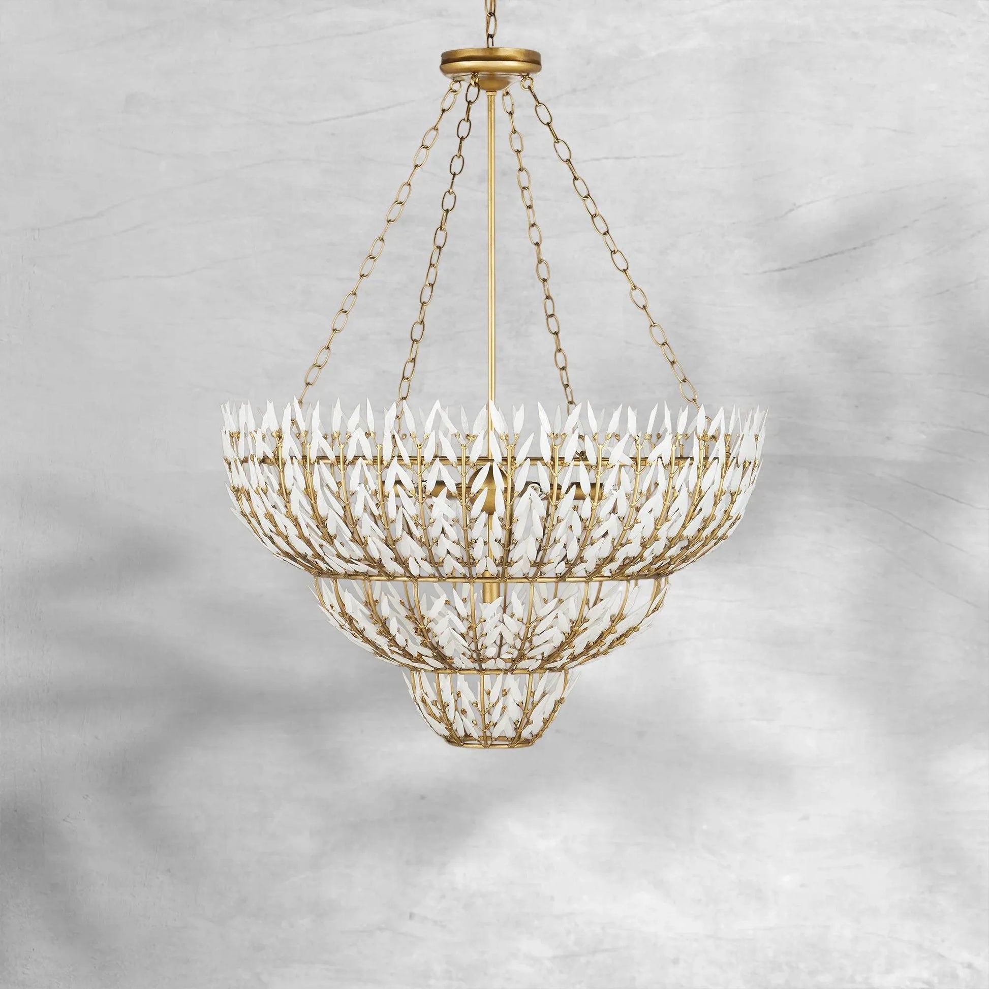 Elegant Morrigan Round Brass-Chained White Glass Chandelier 34 Inch