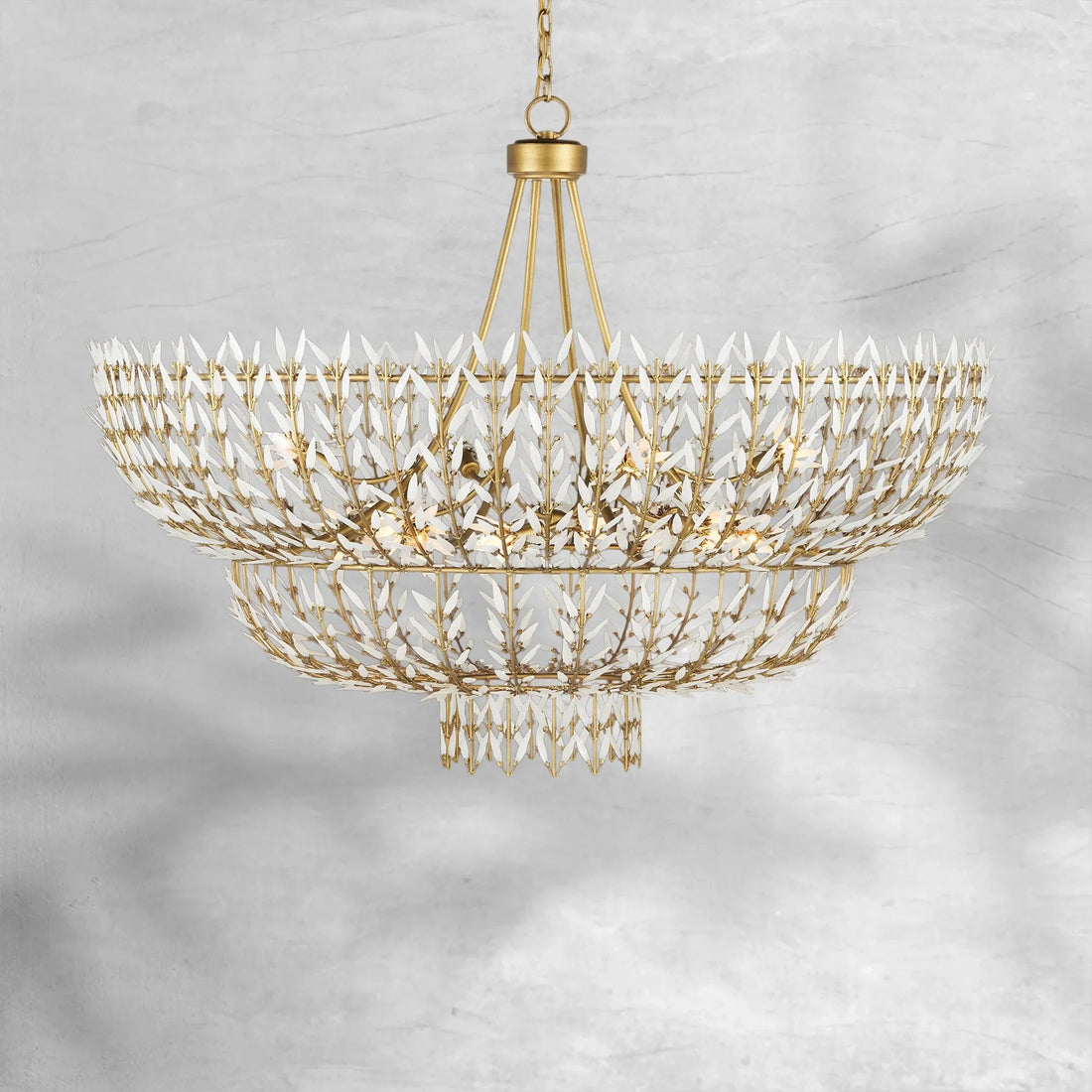 Elegant Morrigan Round Brass-Chained White Glass Chandelier 34 Inch