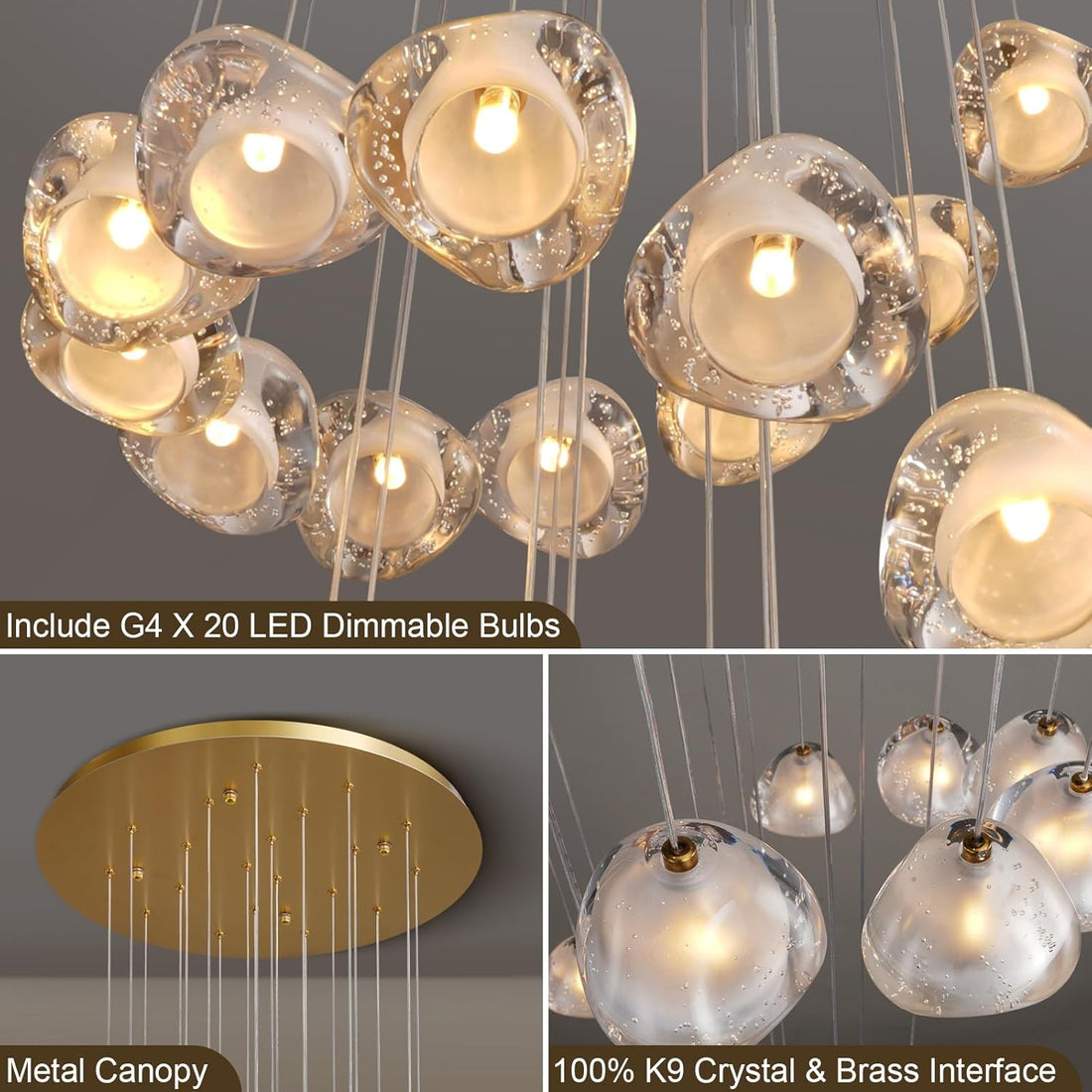 20-Light Gold Crystal Staircase Chandelier with Adjustable Height