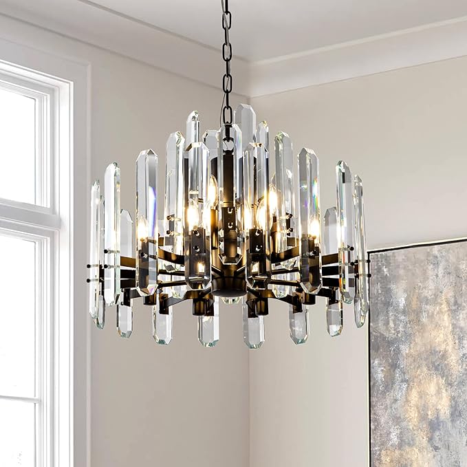 24" Black Modern Crystal Chandelier with Adjustable Height