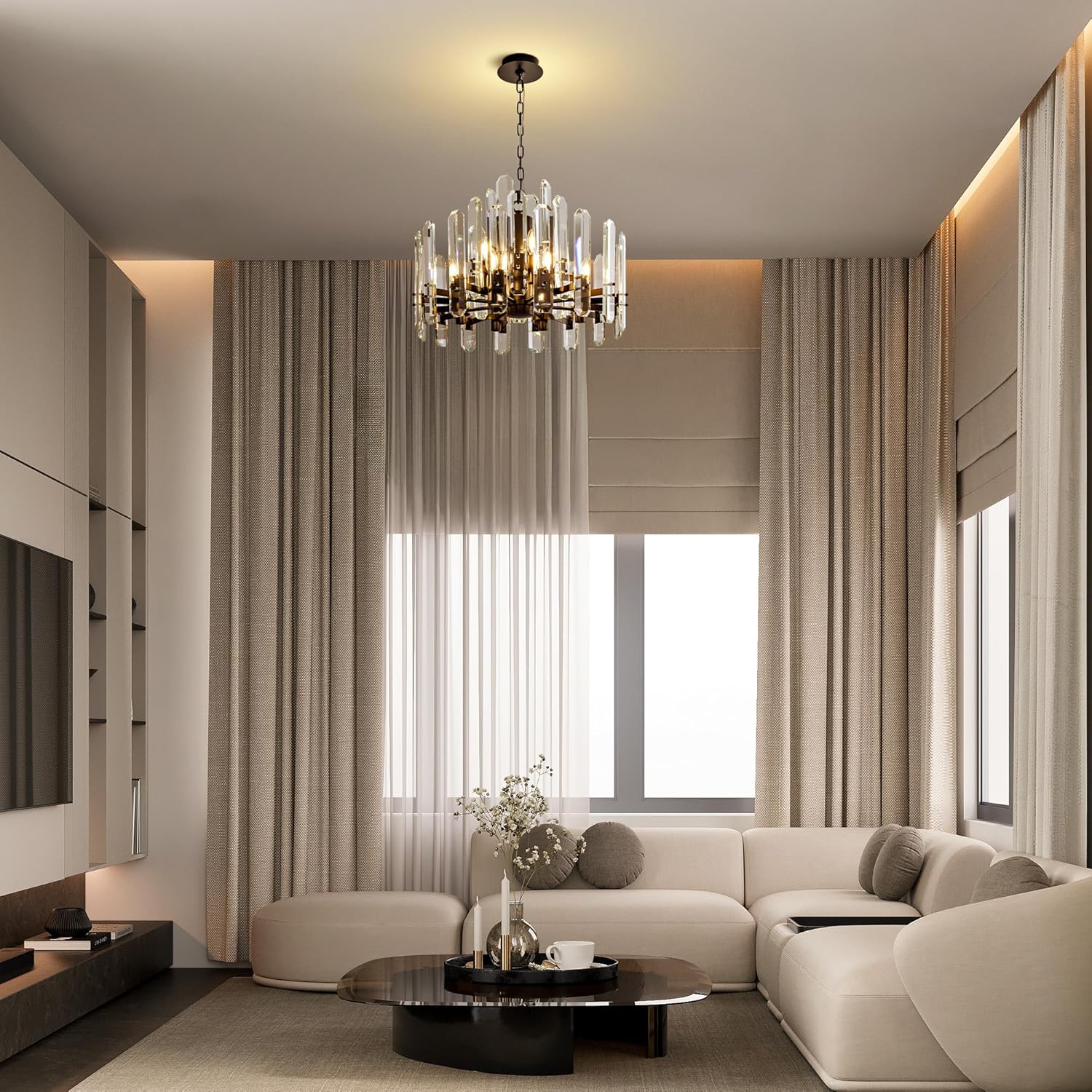 24" Black Modern Crystal Chandelier with Adjustable Height