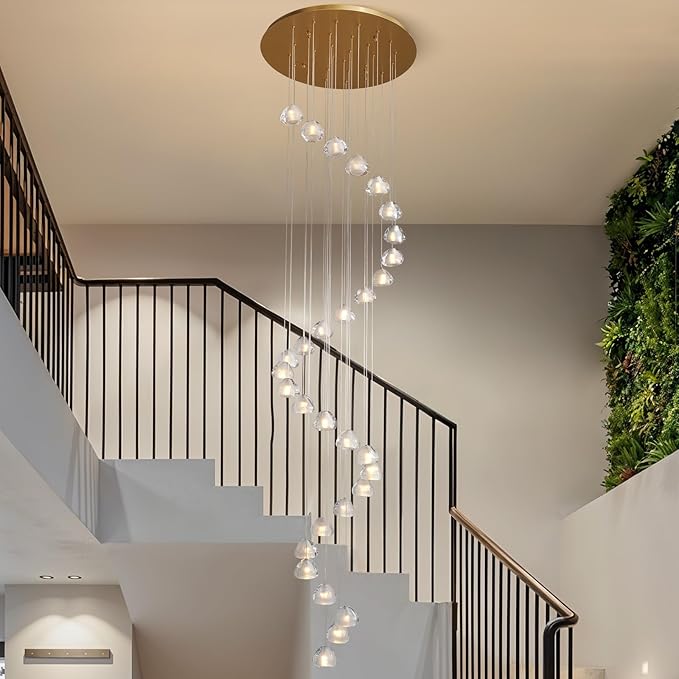 30-Light Gold Crystal Staircase Chandelier with Adjustable Bubble Shades