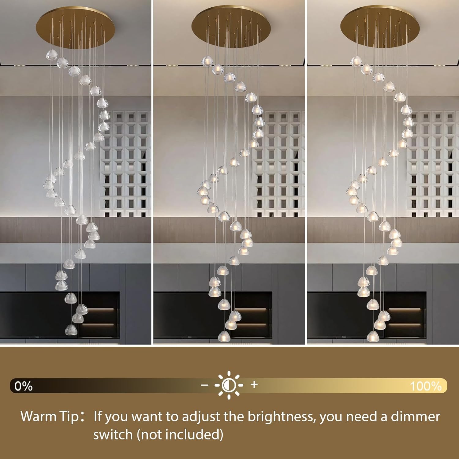 30-Light Gold Crystal Staircase Chandelier with Adjustable Bubble Shades
