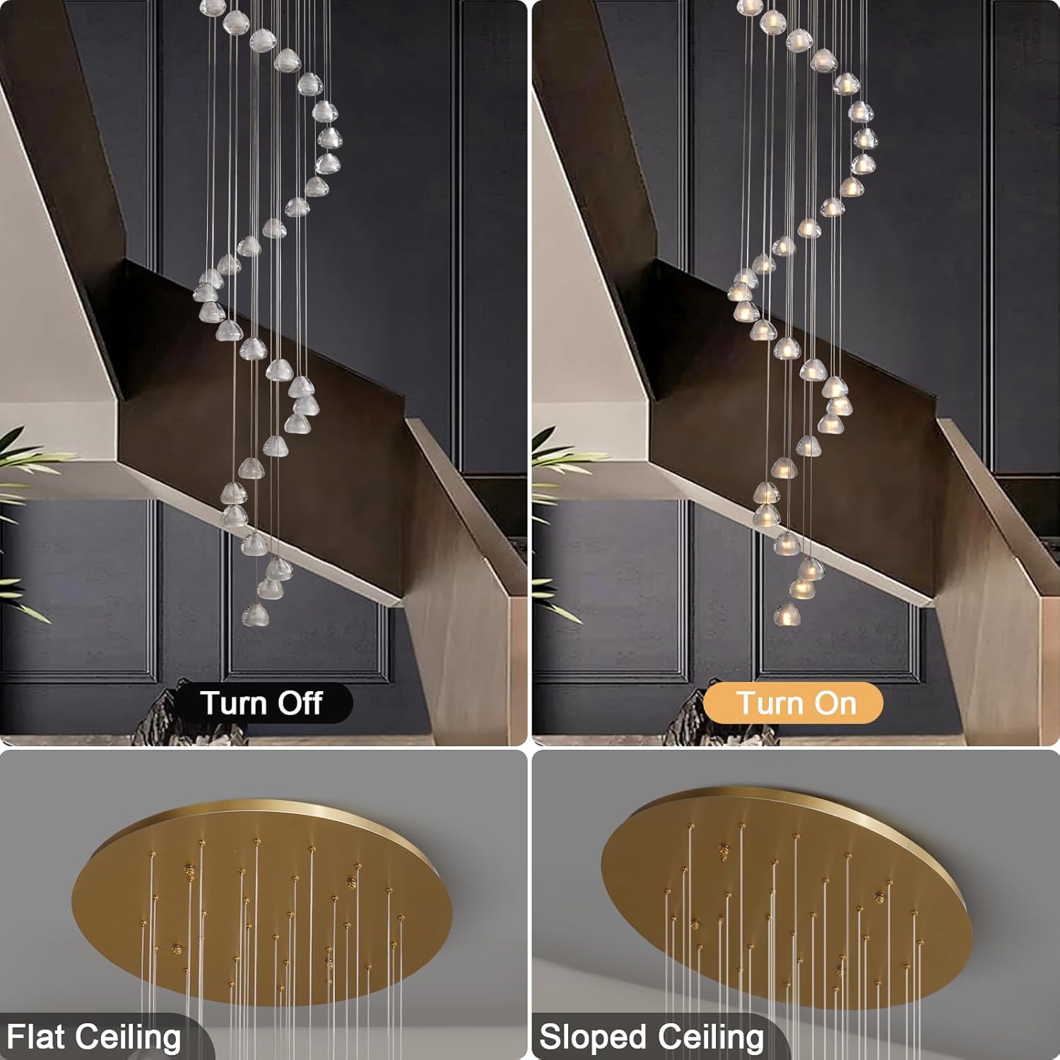 30-Light Gold Crystal Staircase Chandelier with Adjustable Bubble Shades