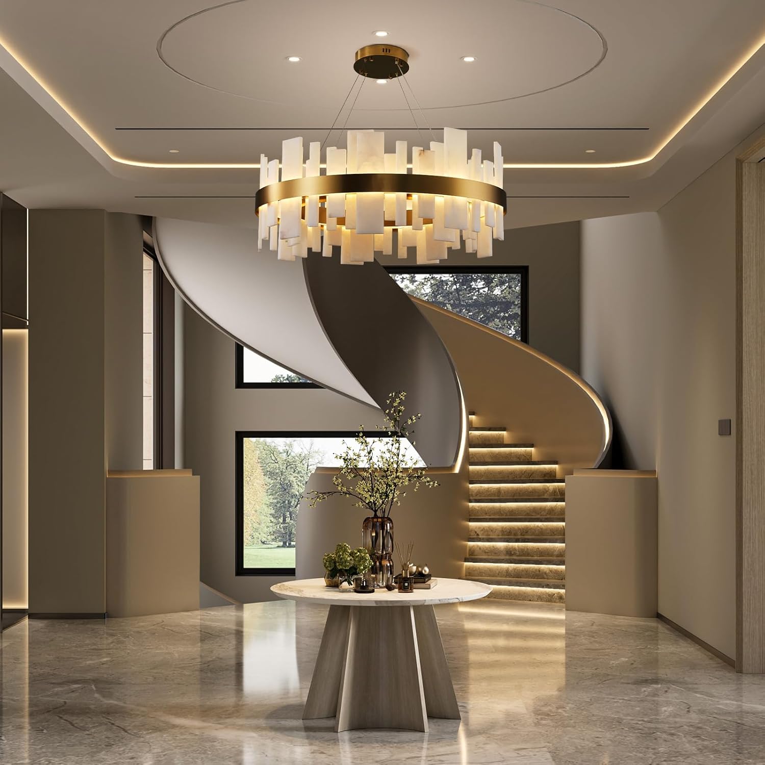 Adjustable Luxury Alabaster Round Chandelier – 31.5in Natural Stone