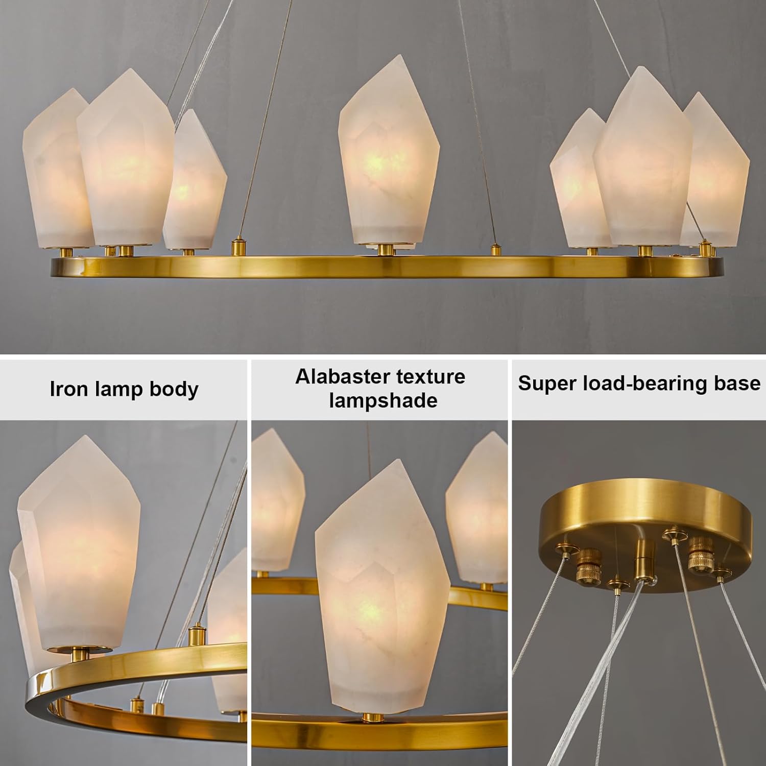 Alabaster 31.5" 8-Light Round Gold Chandelier with Adjustable Height