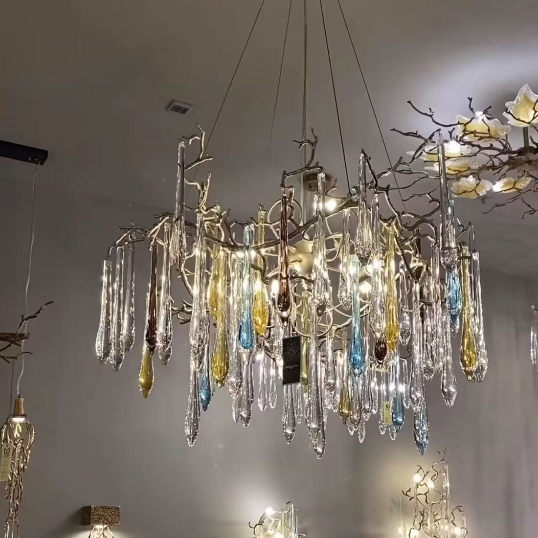 Elegant Blue Crystal Drops Chandelier Brass Branch Style Pendant Light For Living/ Dining Room