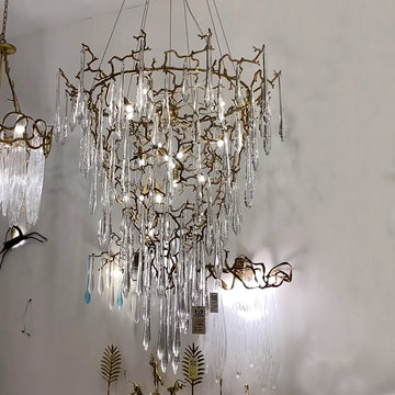 Chic Modern French Branch Copper Crystal Chandelier for Living Room Foyer and Dining Room Lighting