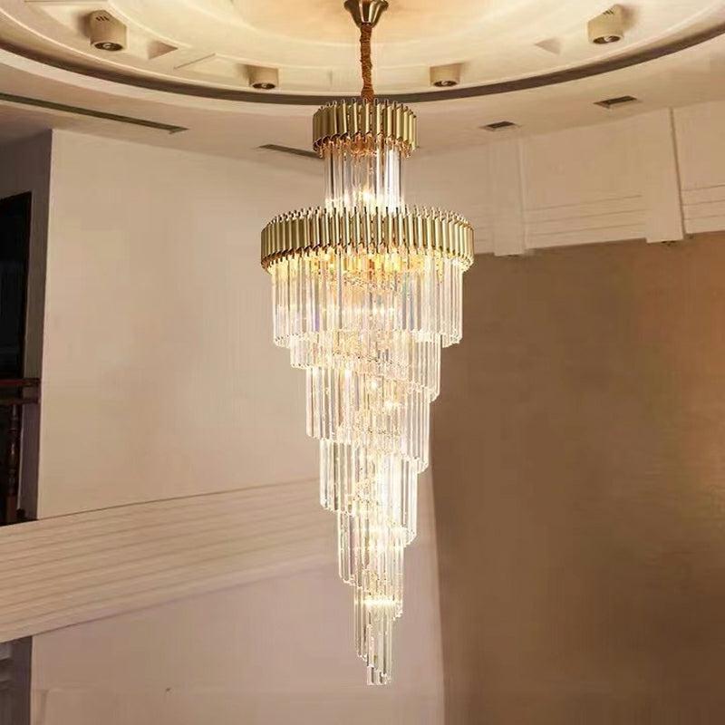 Oversized Customization D39.4"*H157.5" Vertical Long Crystal Shiny Bright Fabulous 2 Story Foyer Hallway Chandelier Spiral Staircase High Ceiling Lighting Fixture In Black/ Gold Finish