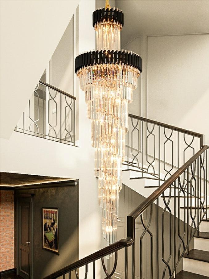 Oversized Customization D39.4"*H157.5" Vertical Long Crystal Shiny Bright Fabulous 2 Story Foyer Hallway Chandelier Spiral Staircase High Ceiling Lighting Fixture In Black/ Gold Finish