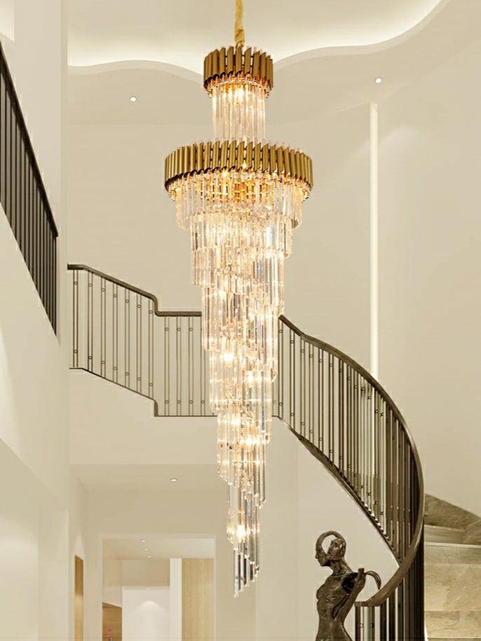 Oversized Customization Vertical Long Crystal 2 Story Foyer Hallway Chandelier Spiral Staircase High Ceiling Lighting Fixture In Black/ Gold Finish
