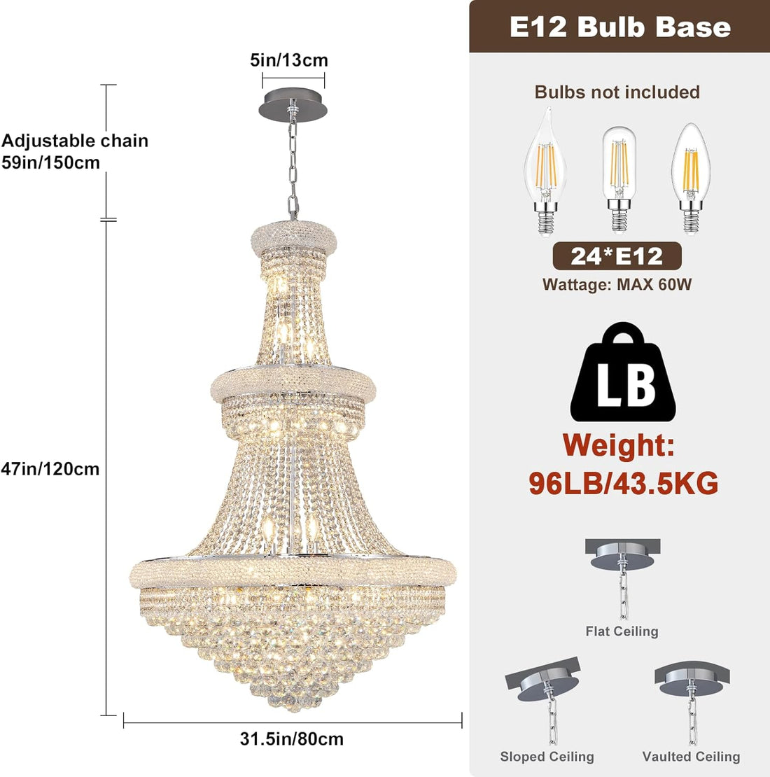 BEIRIO Chrome 24-Light Crystal Chandelier for High Ceilings