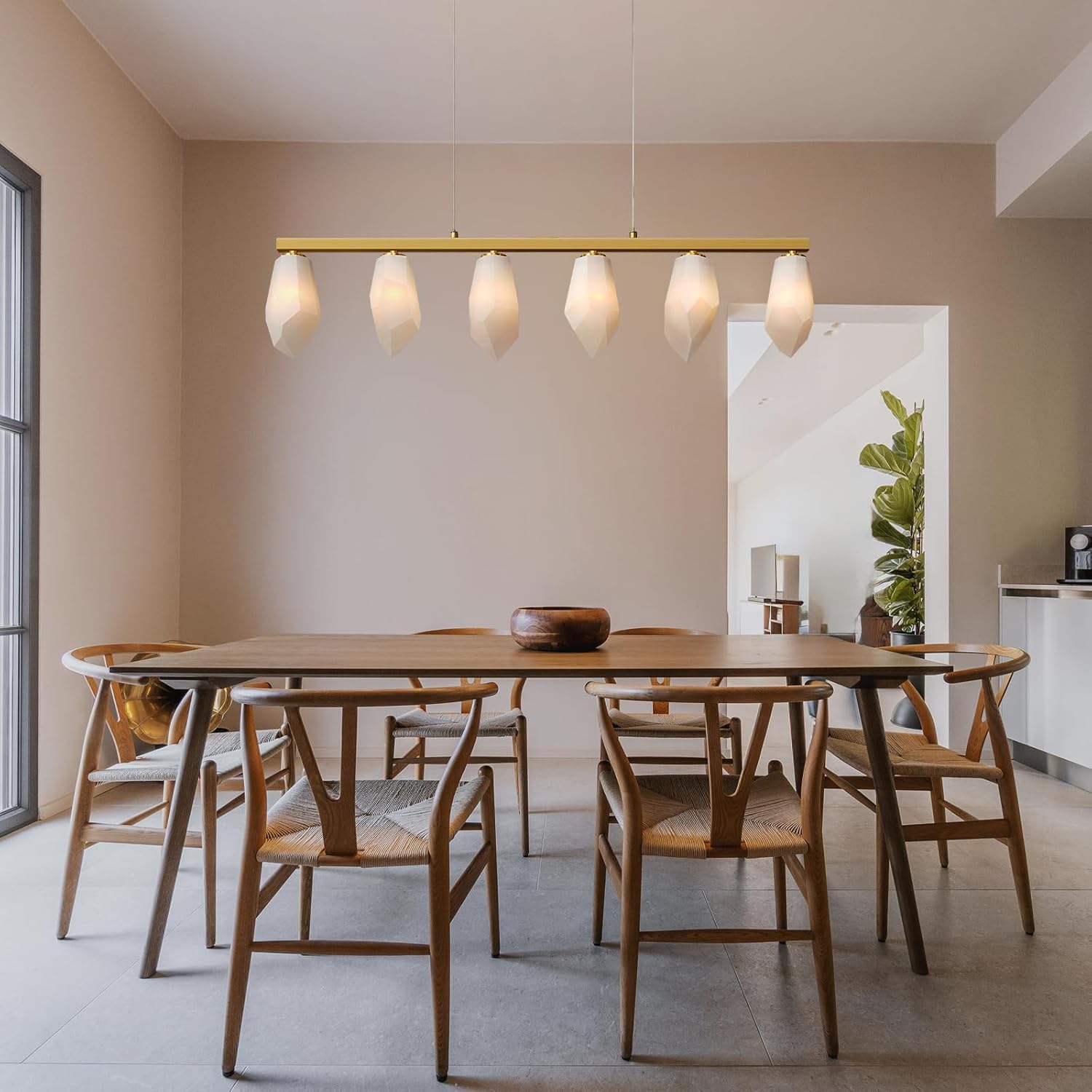 Elegant Gold Alabaster 6-Light Linear Chandelier for Dining