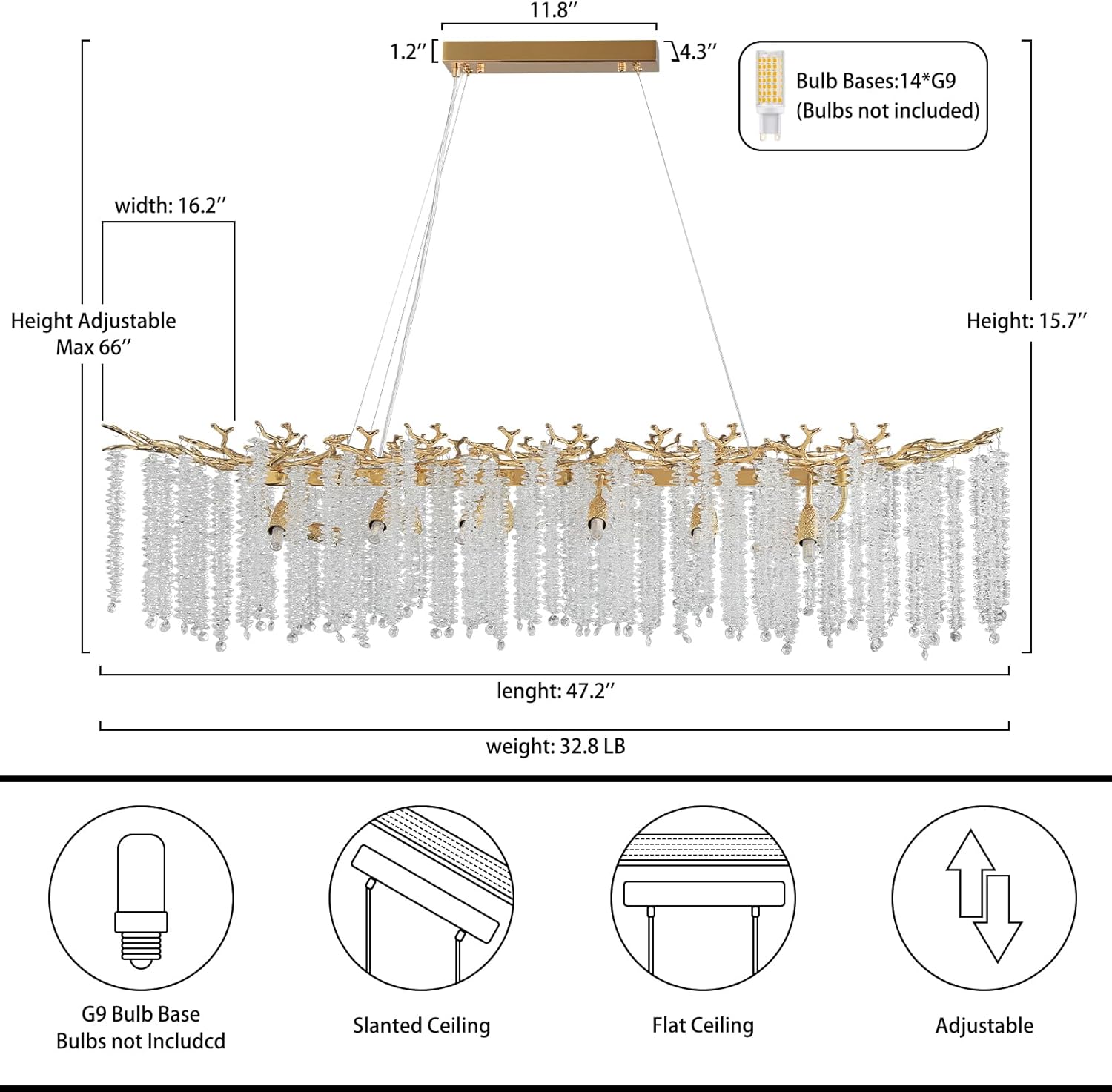 YUYI Gold Tree Branch Crystal Chandelier 47.2" Rectangular