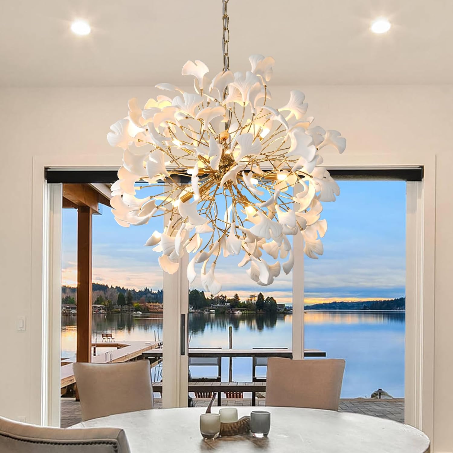 Gold Tree Branches 31" Sputnik Ginkgo Leaf Ceiling Chandelier