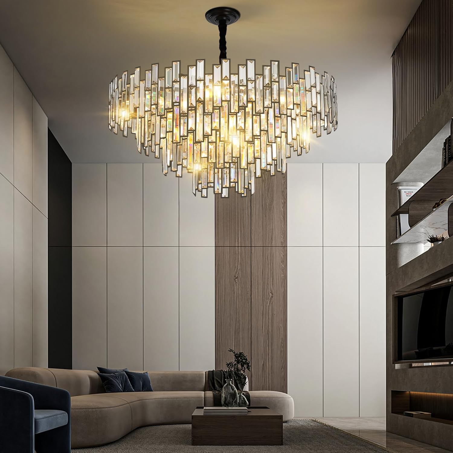 31.5'' Black Crystal Chandelier, 4-Tier Modern Round K9 Pendant Light for High Ceilings