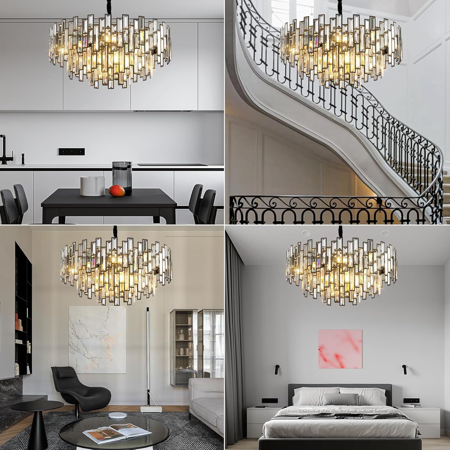 Black Crystal Chandelier 3-Tier Modern Round K9 Pendant Light for High Ceilings