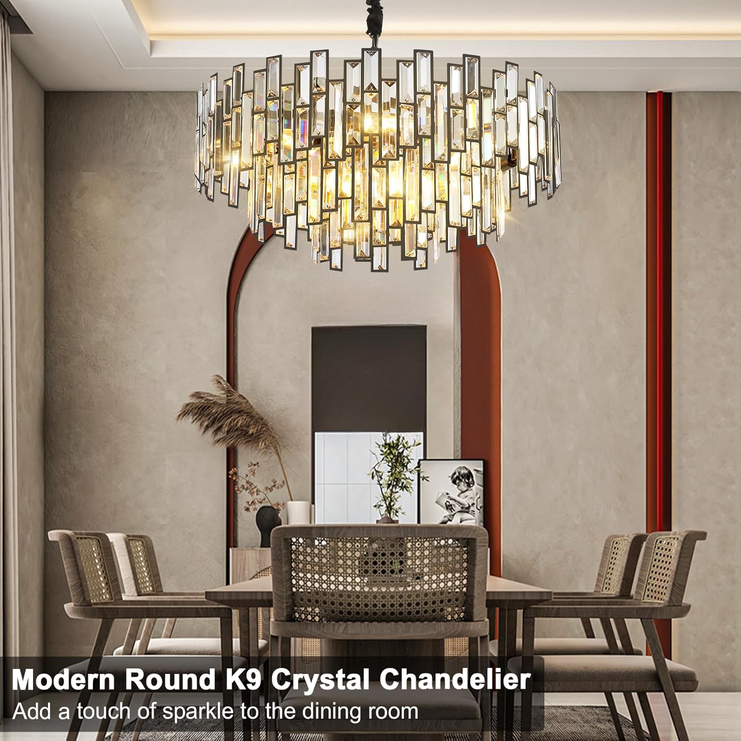 Black Crystal Chandelier 3-Tier Modern Round K9 Pendant Light for High Ceilings
