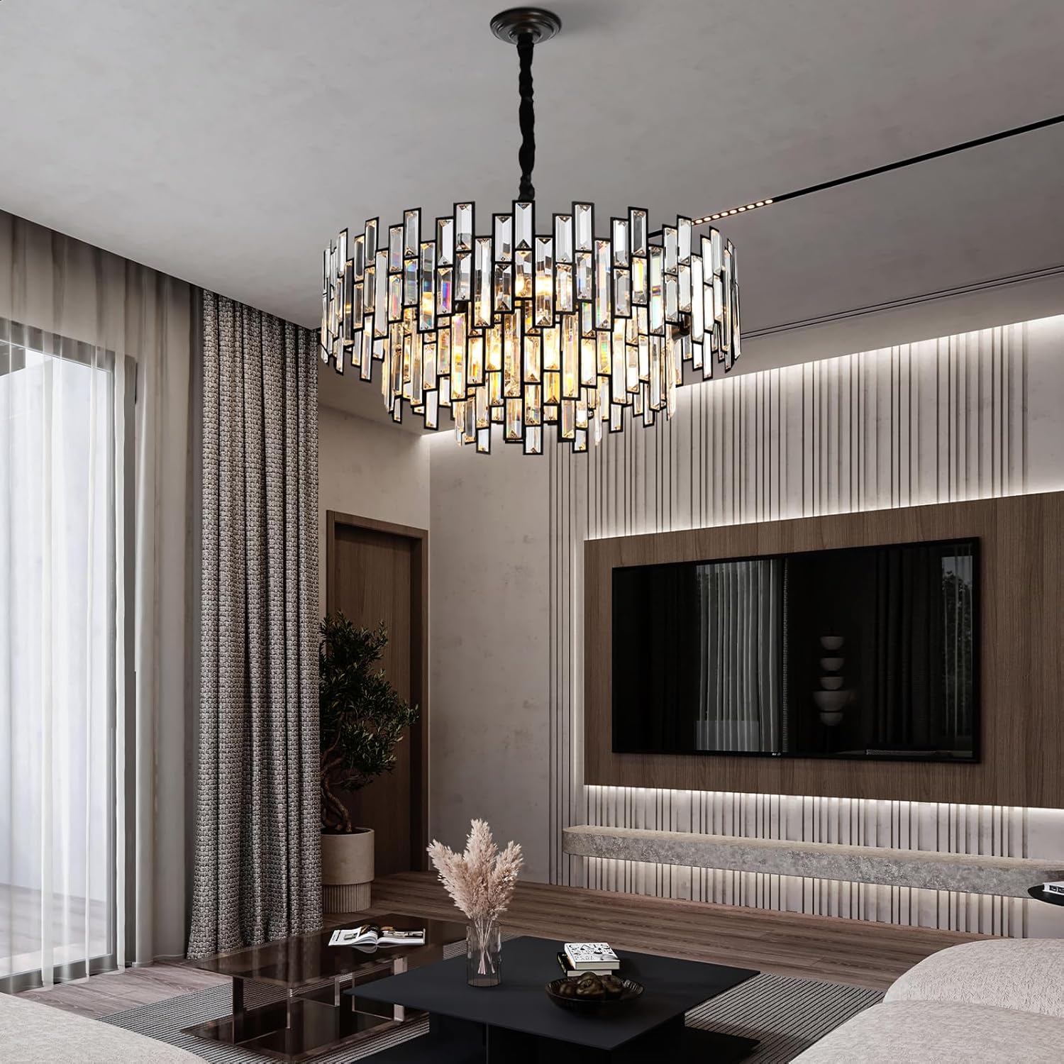 Black Crystal Chandelier 3-Tier Modern Round K9 Pendant Light for High Ceilings