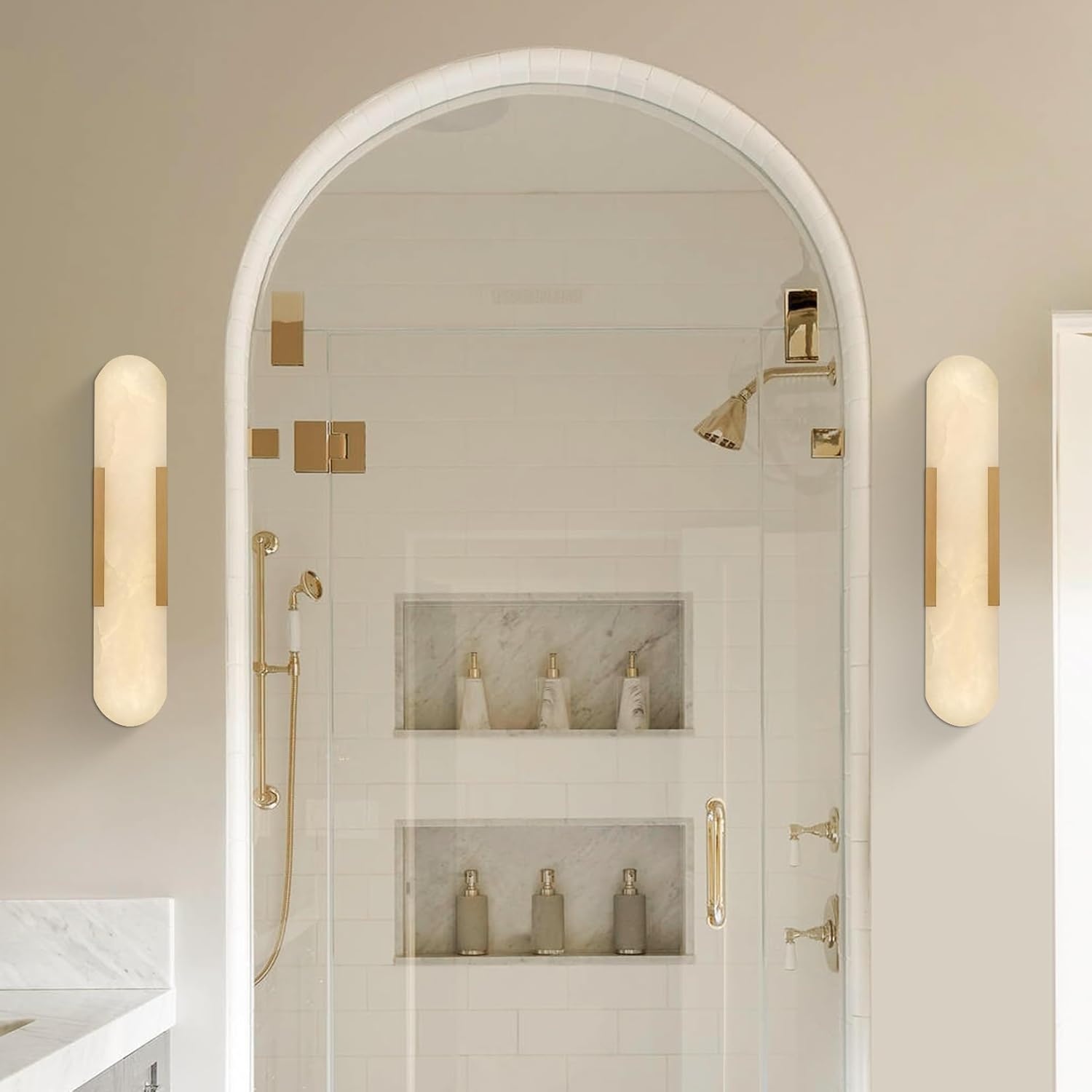 Elegant Alabaster Wall Sconces Set of Two with Brass Finish, 19.7''