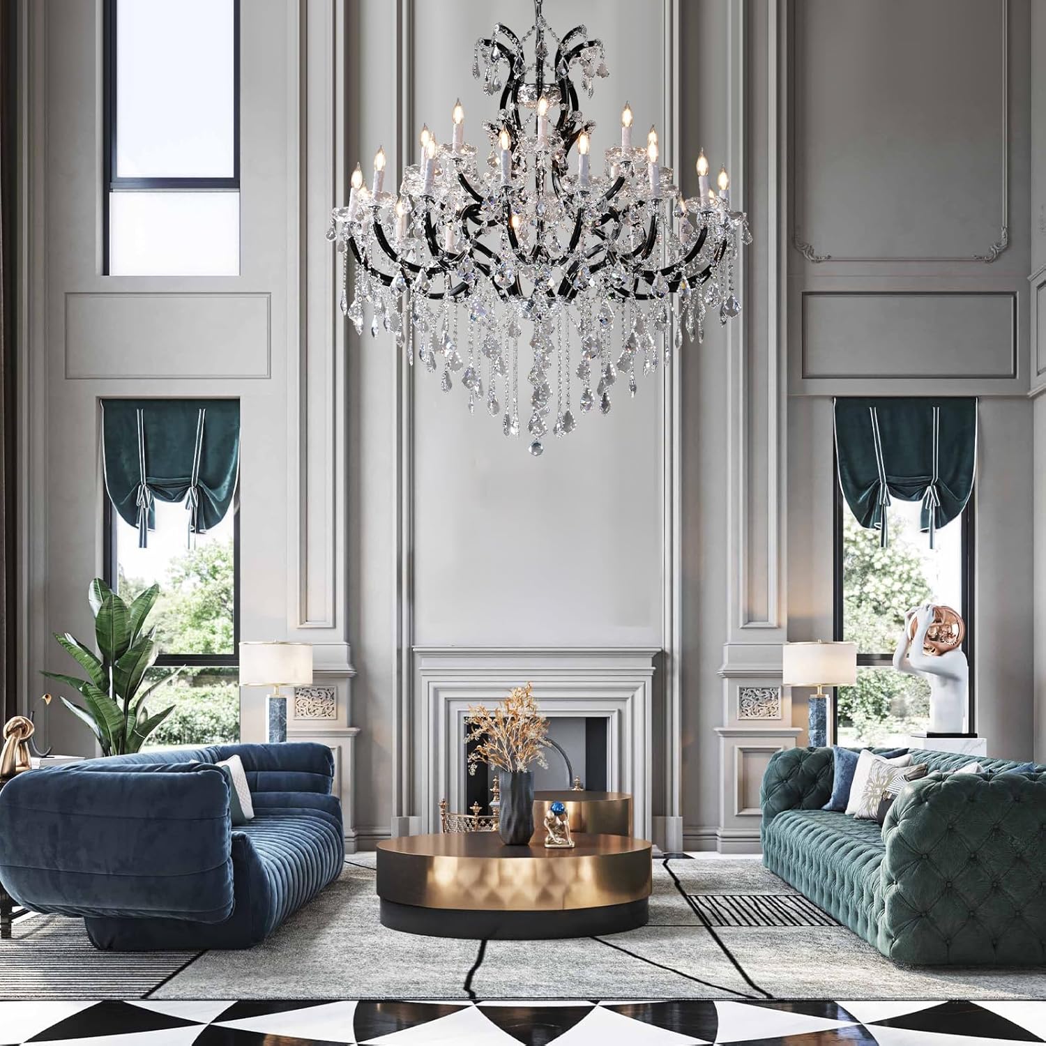 Grand Black Crystal Chandelier: 24-Light Modern Fixture for High Ceilings