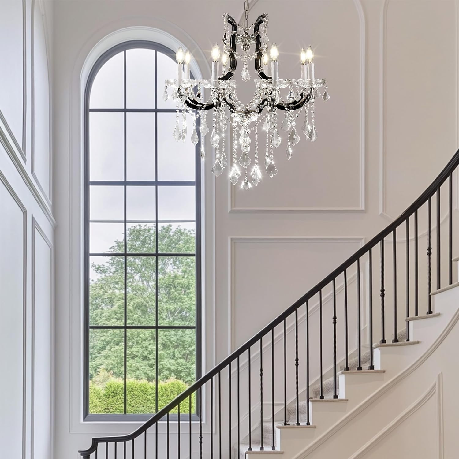 Modern Crystal Chandelier Black Candle Light Fixture for Staircase Entryway